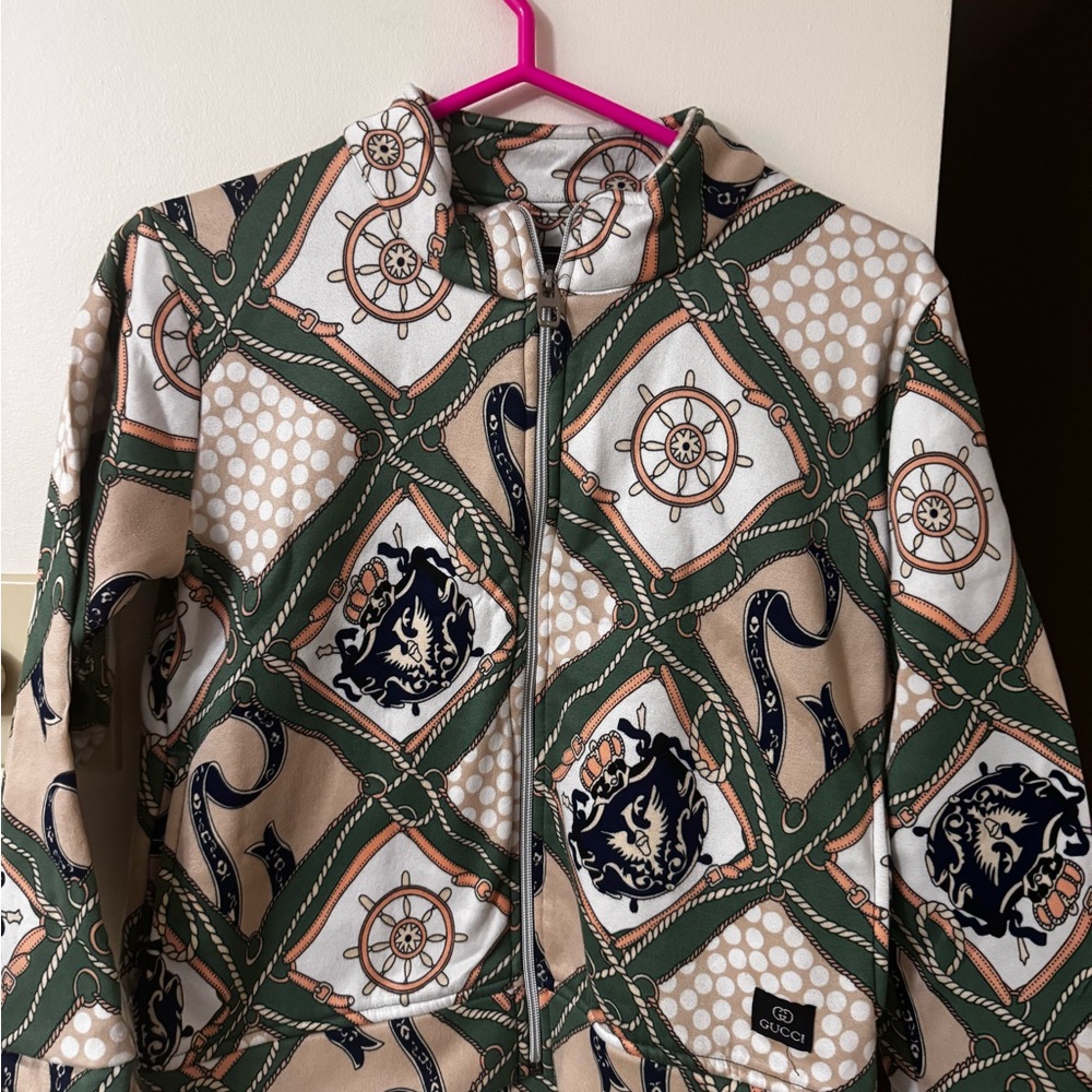 Gucci Green and Tan Bomber Jacket with Geometric Pattern